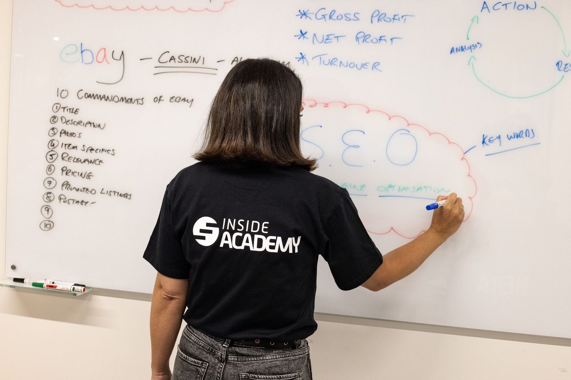 Tutor writing the ten commandments of eBay on a whiteboard